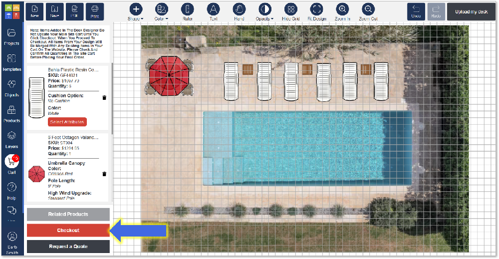 The final design view consolidates all selected products with a clear path to checkout or request a quote for commercial projects.